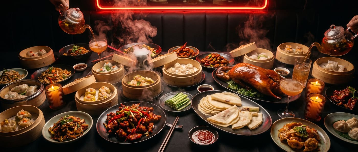 A Lucky 8 table filling up — steamers, duck & teapot cocktails